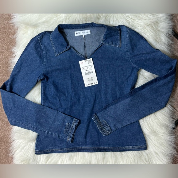 Zara Tops - New Zara Denim cotton blend polo top chambray Collared
